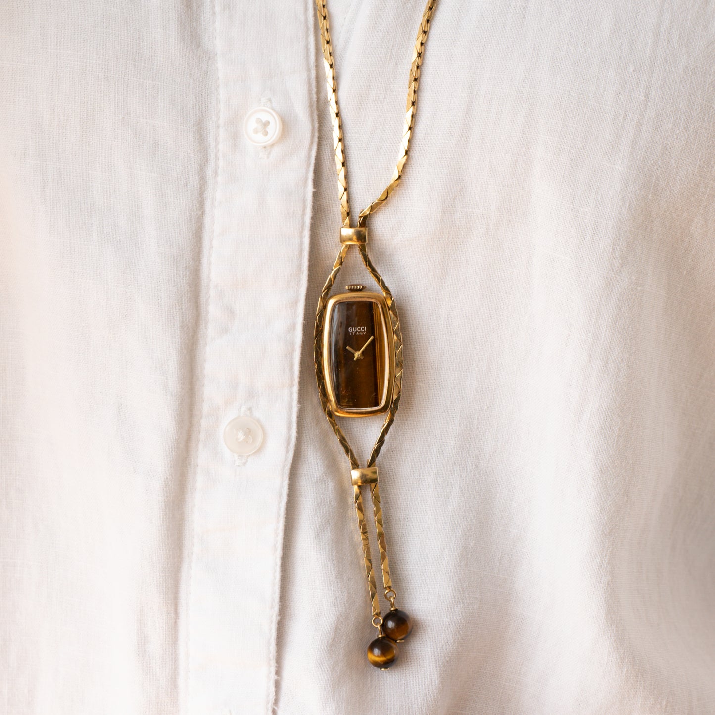 Gucci Tiger's Eye Sautoir Timepiece Necklace