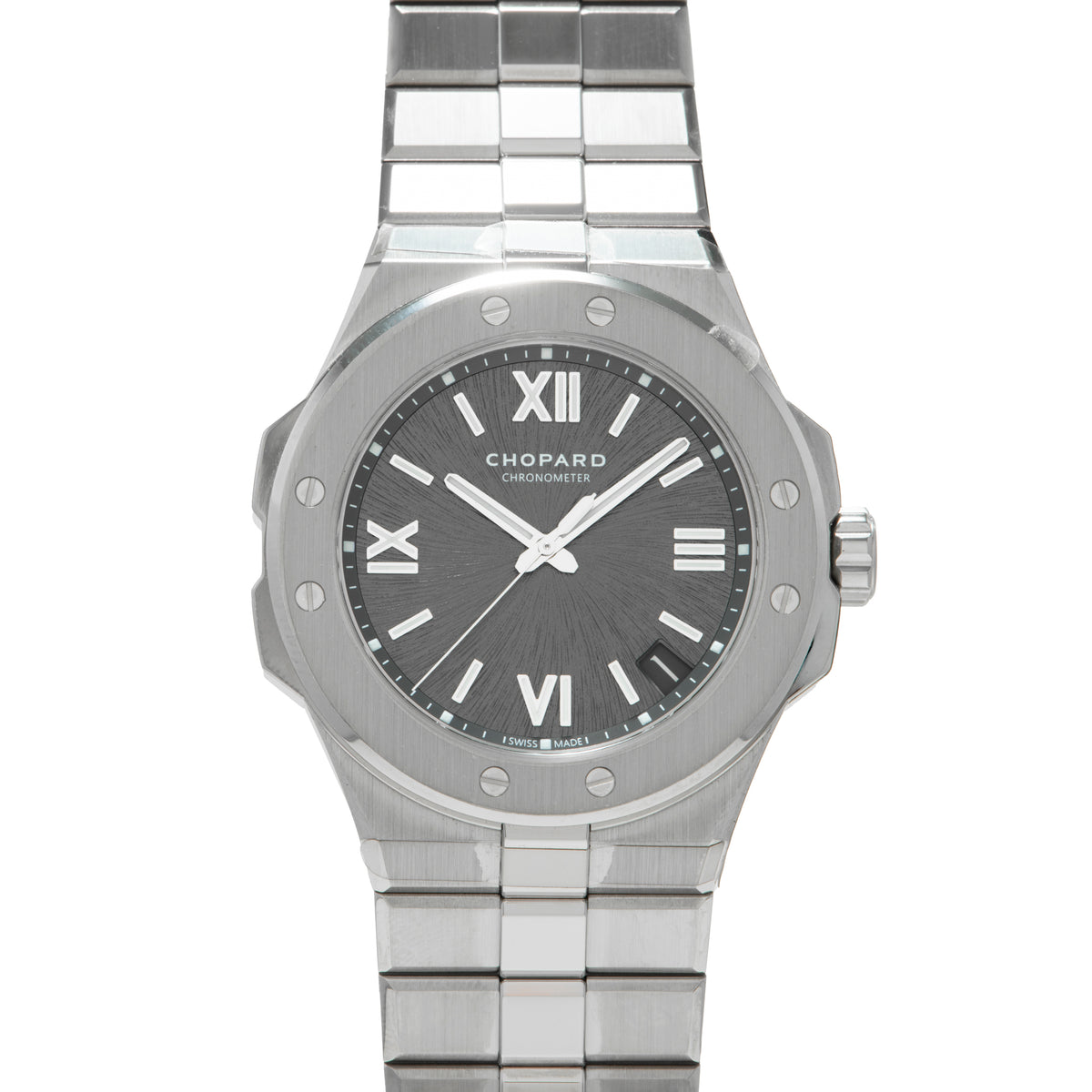 Stainless steel watch with dark dial, Roman numeral markers, white hands, and matching metal bracelet.