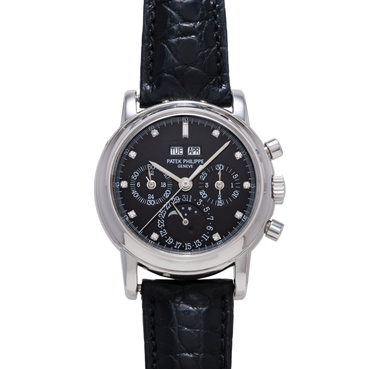 Silver-tone chronograph watch with black dial, day/month windows, multiple subdials, diamond indices, and black leather strap