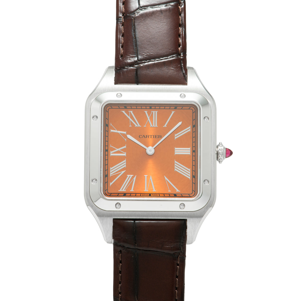 Steel watch with square case, orange dial featuring Roman numerals, white hands, brown leather strap, and crown with red ston