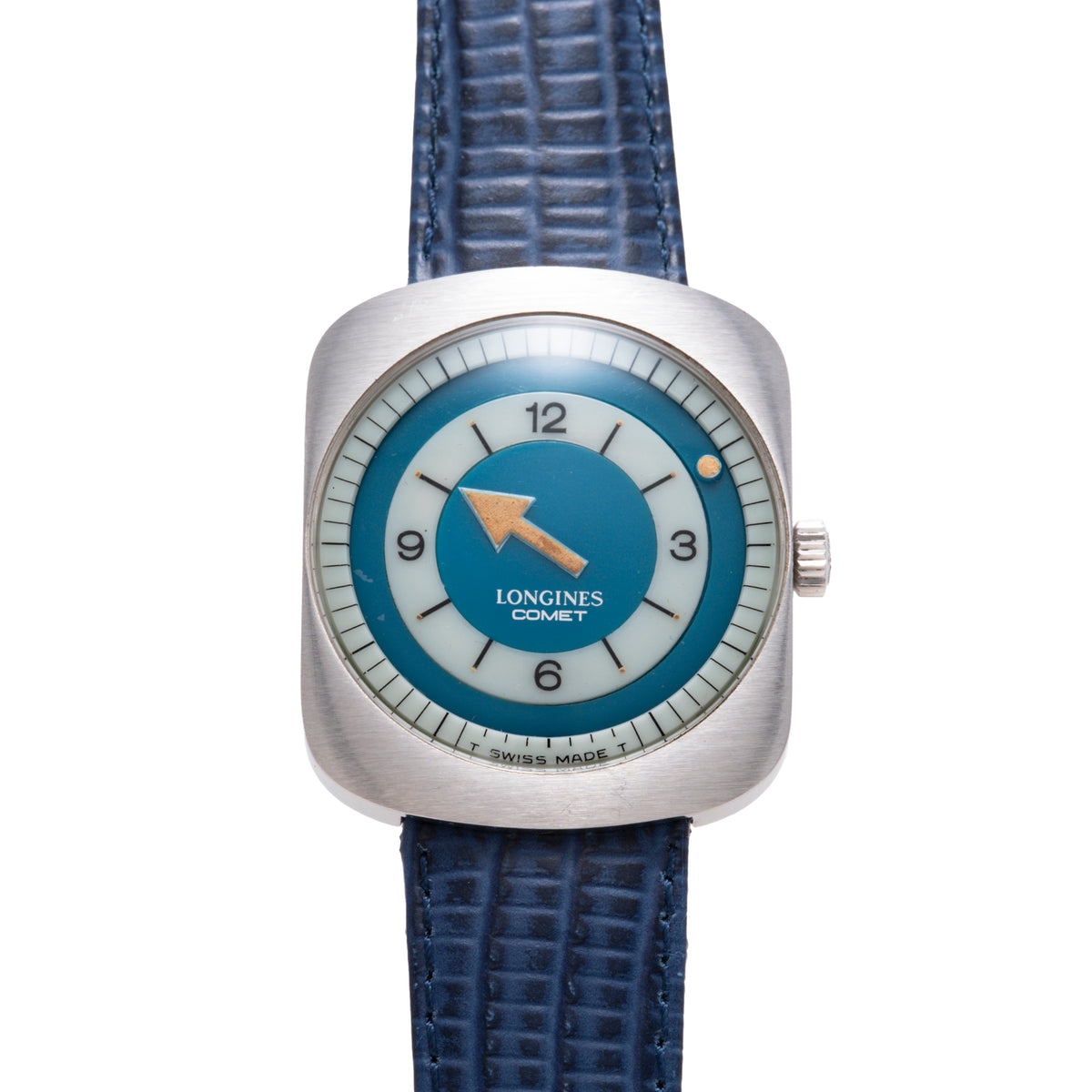 Longines Comet watch with square brushed silver case, blue mystery dial, gold arrow hand, and blue leather strap.
