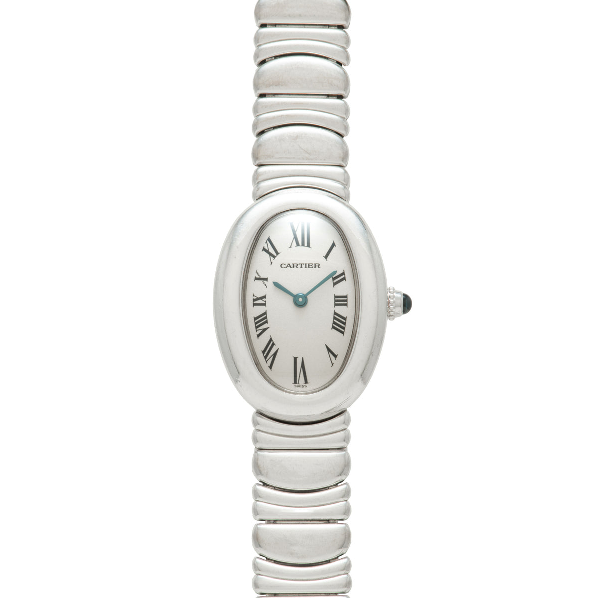 Cartier Baignoire stainless steel watch with oval white dial, Roman numerals, and segmented link bracelet.