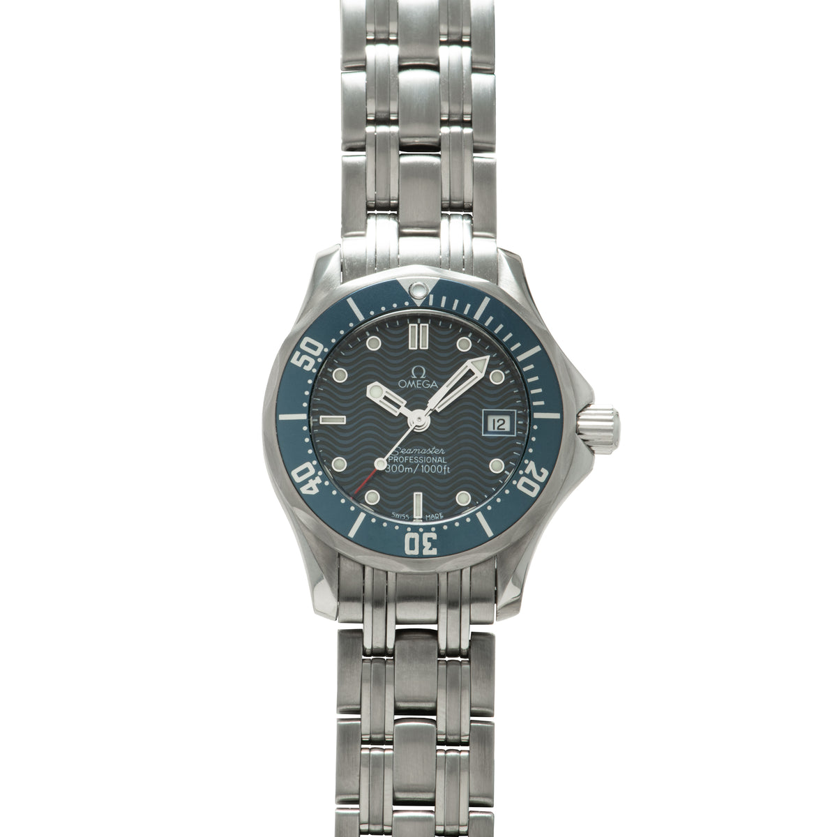 Stainless steel diving watch with blue dial, silver hour markers, date window, and matching three-link bracelet.