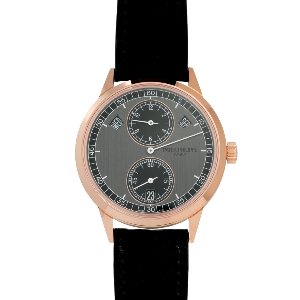 Rose gold watch with gray dial, three subdials, and black leather strap.