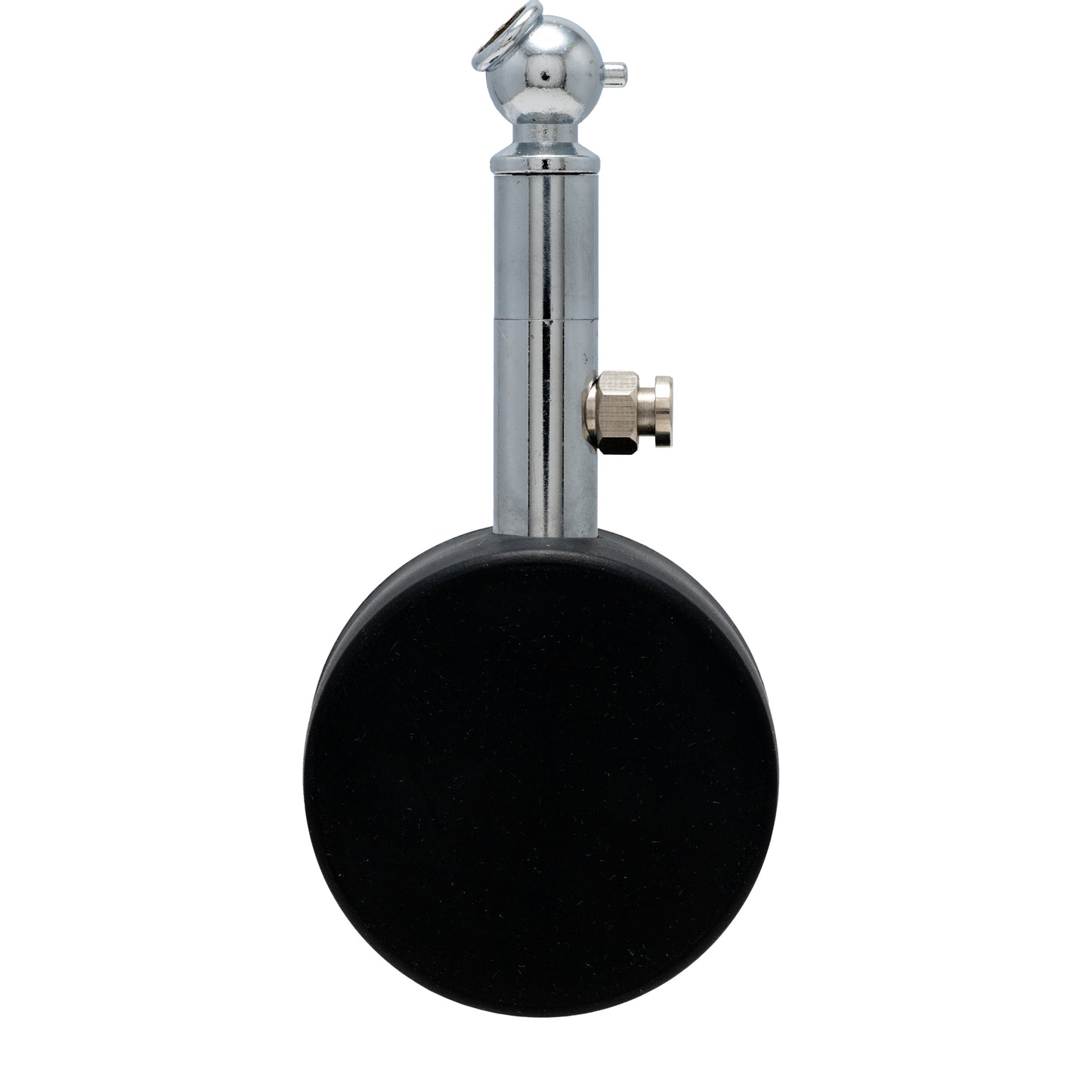 The Chopard Mille Miglia Tire Gauge by Chopard features a shiny metallic design with a small nozzle, adjustable knob, and large black base—an ideal collectible for luxury automobilia enthusiasts, displayed against a white background.