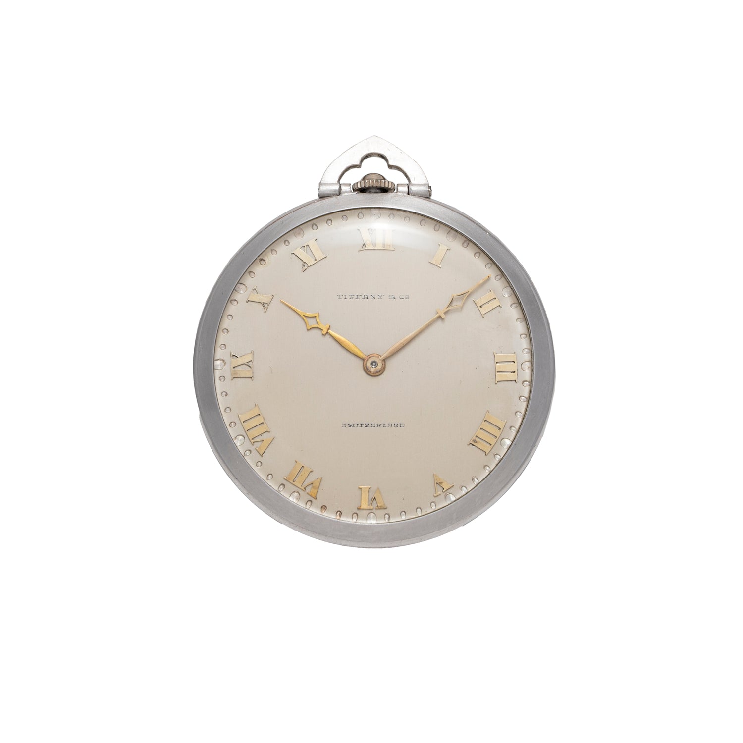 A vintage Tiffany & Co. Platinum Pocket Watch with platinum case, gold Roman numeral hour markers, and gold hands, displayed against a plain white background.