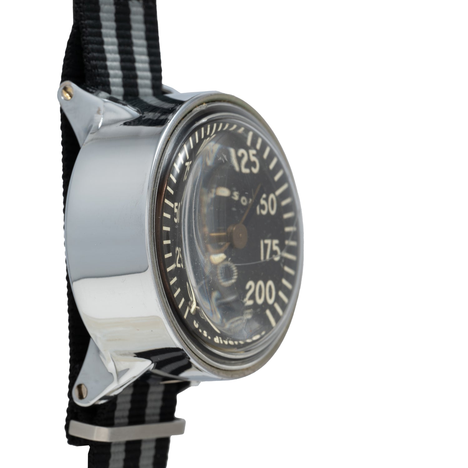 A close-up of the Calypso Depth Gauge by Calypso, showing its metal case, black-and-white striped strap, and a dial inspired by a wrist depth gauge, all set against a plain white background.