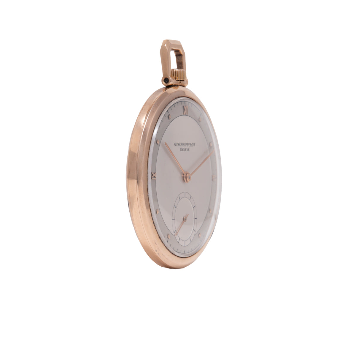Rose gold oval pocket watch with silver dial, Roman numerals, and subsidiary seconds dial.