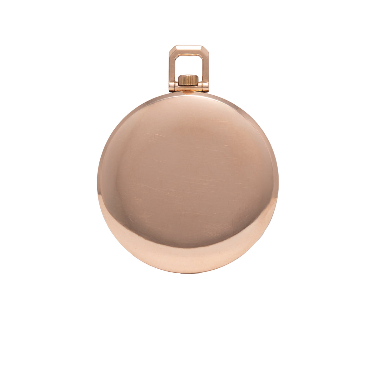 Rose gold pocket watch with round case and rectangular bail loop, shown closed from front view.