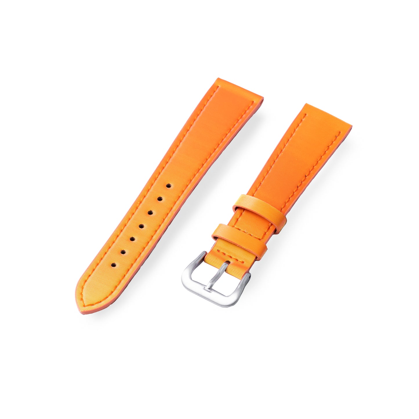 Two pieces of the limited edition Analog:Shift Grabber Orange Effect Matrix Strap, crafted from leather—one with a silver buckle and loops—are displayed on a white background.