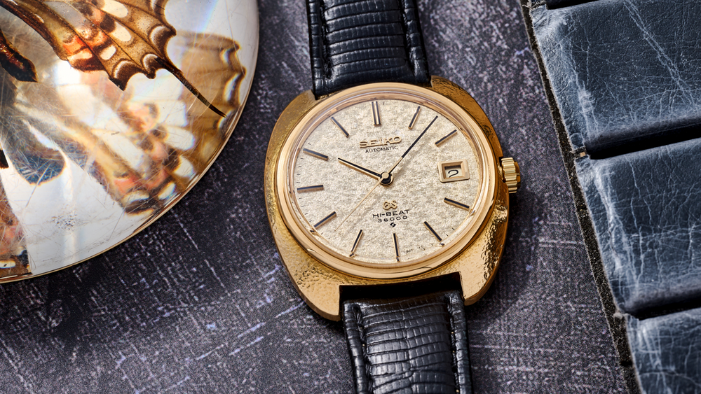 Grand Seiko 61GS 'Kirazuri'  black leather strap on a textured dial