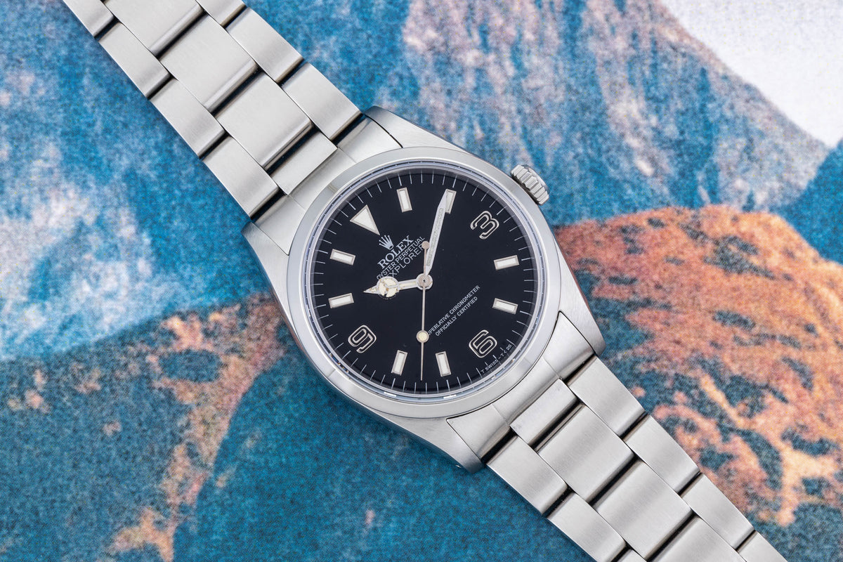 Analog:Shift listing: Explorer 14270 "Blackout" with black-filled applied 3-6-9 numerals on glossy black dial. · Photo: Analog:Shift · © Analog:Shift, used with permission · Source: https://www.analogshift.com/products/rolex-explorer-blackout-as04489