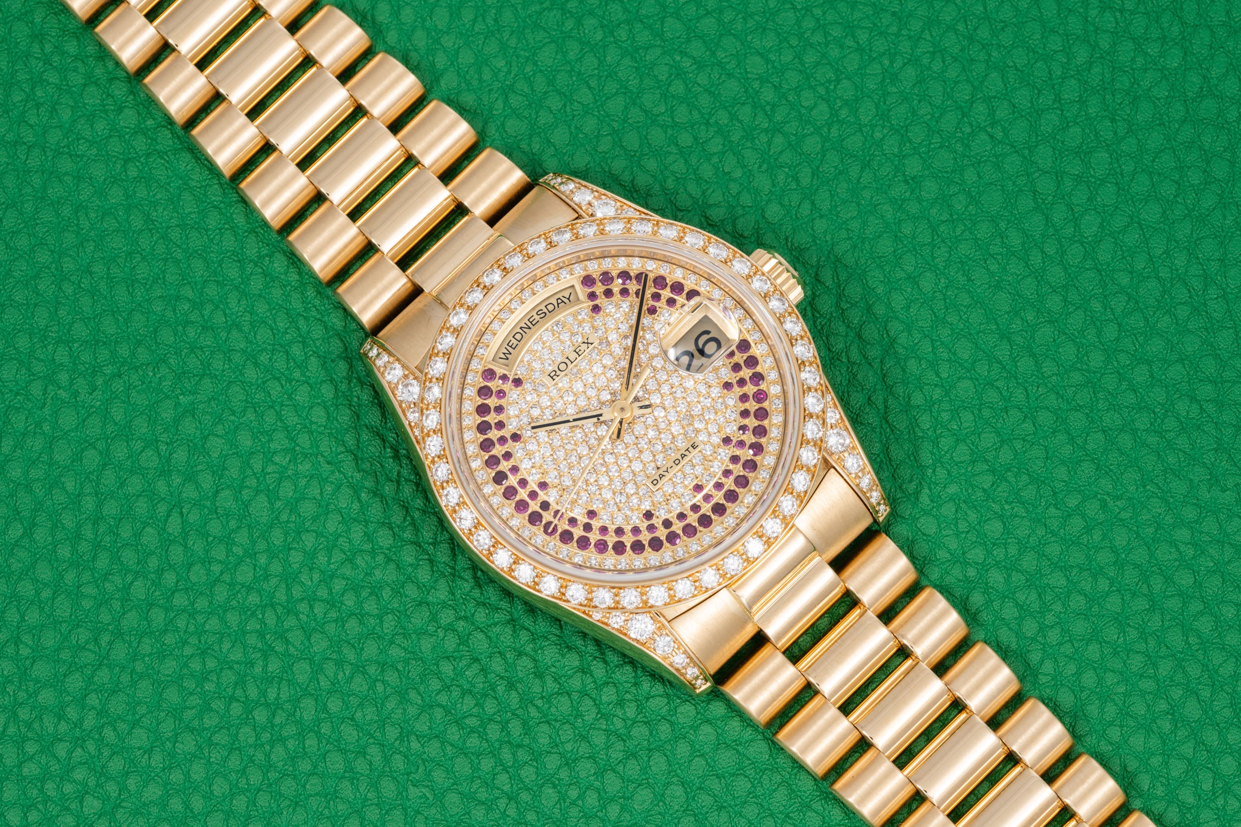 Rolex Day-Date 'Pave Diamond Ruby String Dial'
