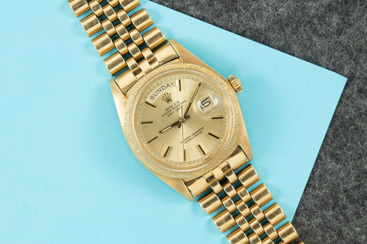 Analog:Shift listing: Day-Date 1807 with bark bezel, champagne dial and Jubilee-style bracelet. · Photo: Analog:Shift · © Analog:Shift, used with permission · Source: https://analogshift.com/products/rolex-day-date-bark-bezel-as03721