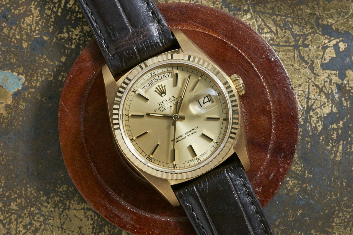 Analog:Shift listing: Day-Date 18038 in yellow gold with fluted bezel, flat champagne dial with applied batons and sapphire crystal. · Photo: Analog:Shift · © Analog:Shift, used with permission · Source: https://analogshift.com/products/rolex-day-date-as01566